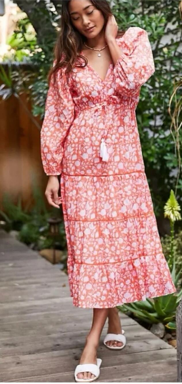 Mer St. Barth x Anthropologie Odette Dress in Orange & White Size Large Vacation